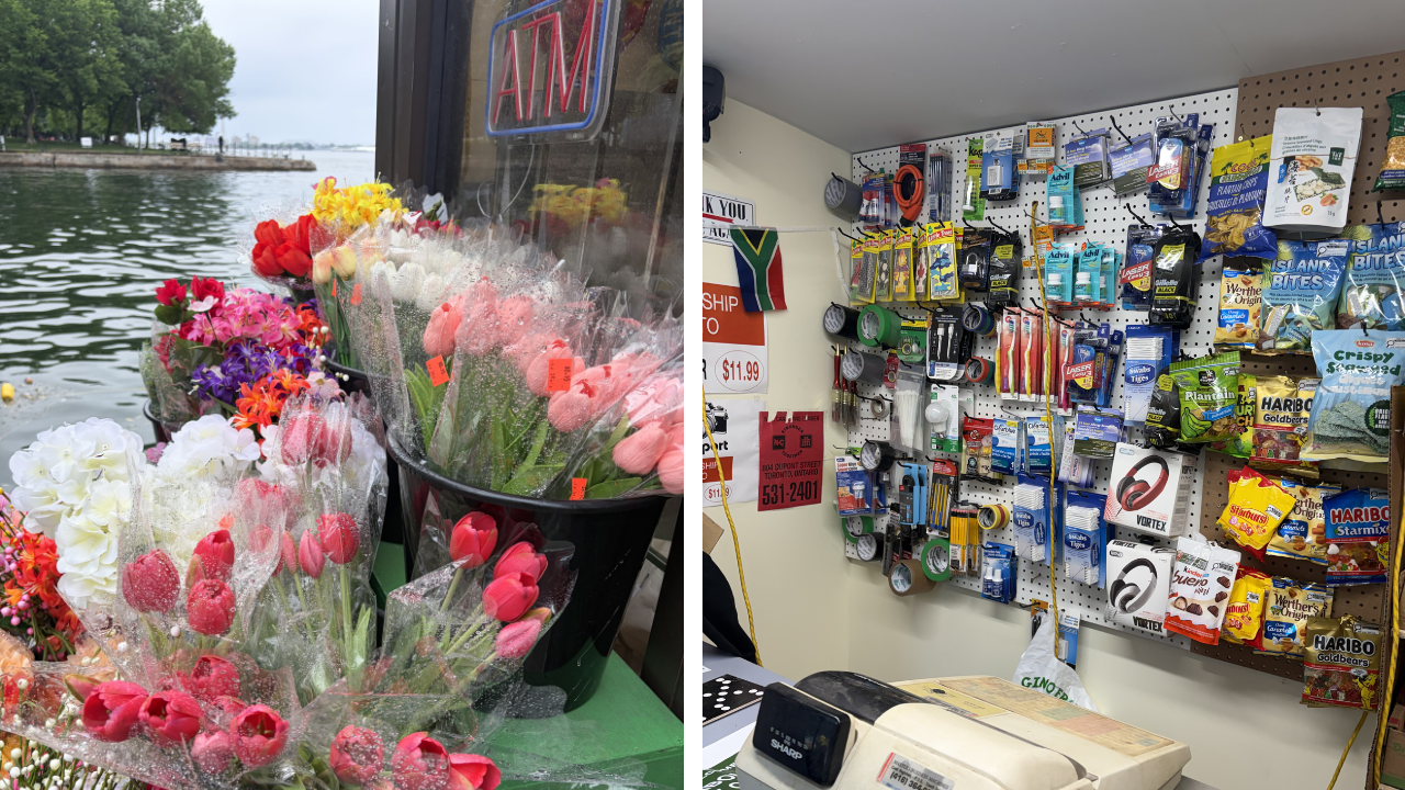 Left: Close-up of colourful bouquets wrapped in plastic displayed outside a floating convenience store beside the water. Right: Interior view showing a wall of everyday items including snacks, phone accessories, and small household goods arranged on pegboards.