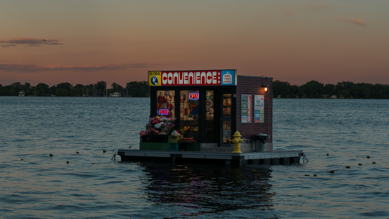 A small convenience store floats on the water at sunset, its neon “Convenience” and “Open” signs glowing, with flower displays outside and a calm shoreline in the background.