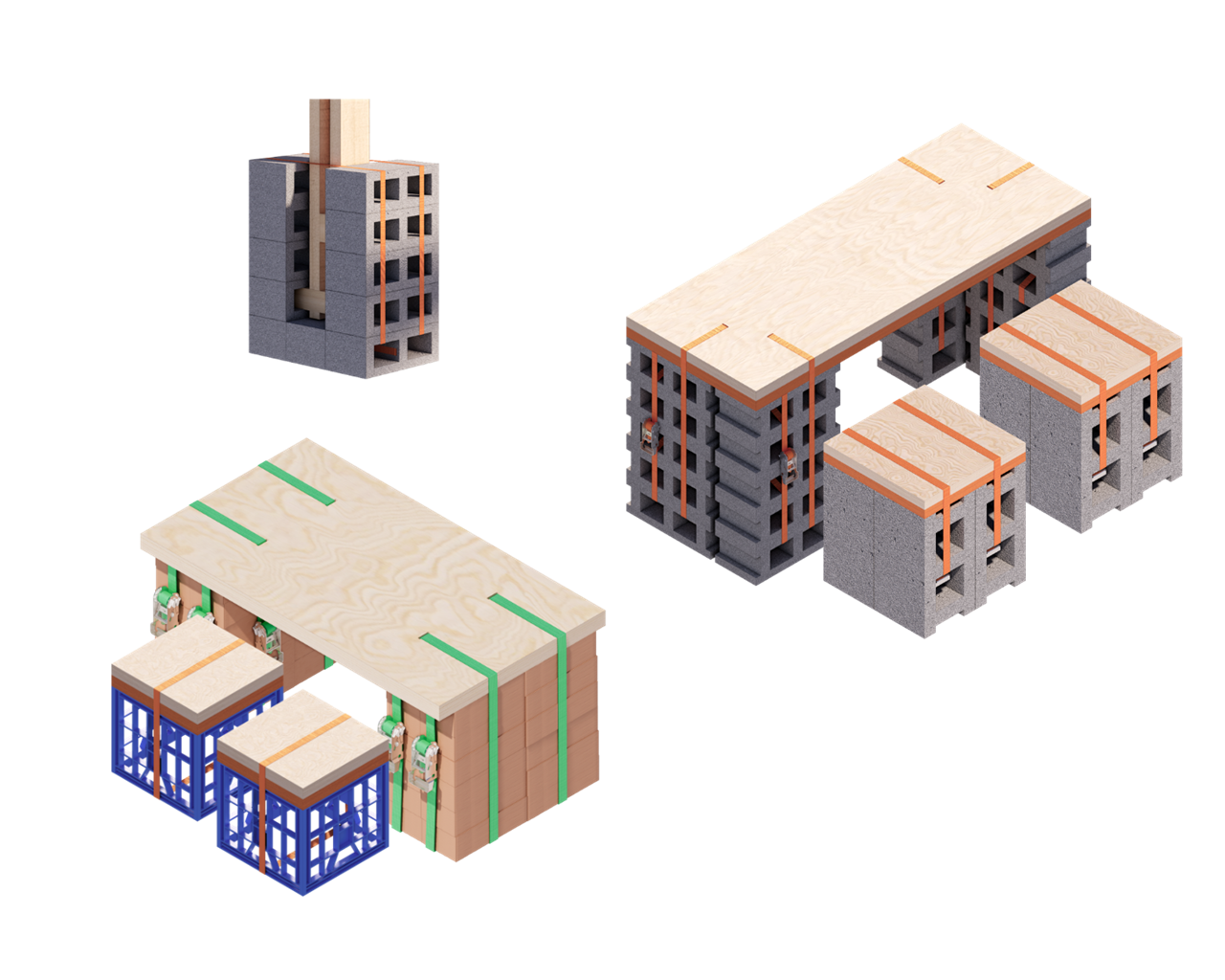 Rendering showing mock ups of salvaged lumber, concrete blocks, milk crates, stacked and strapped together to make functional furniture for a new outdoor community space.