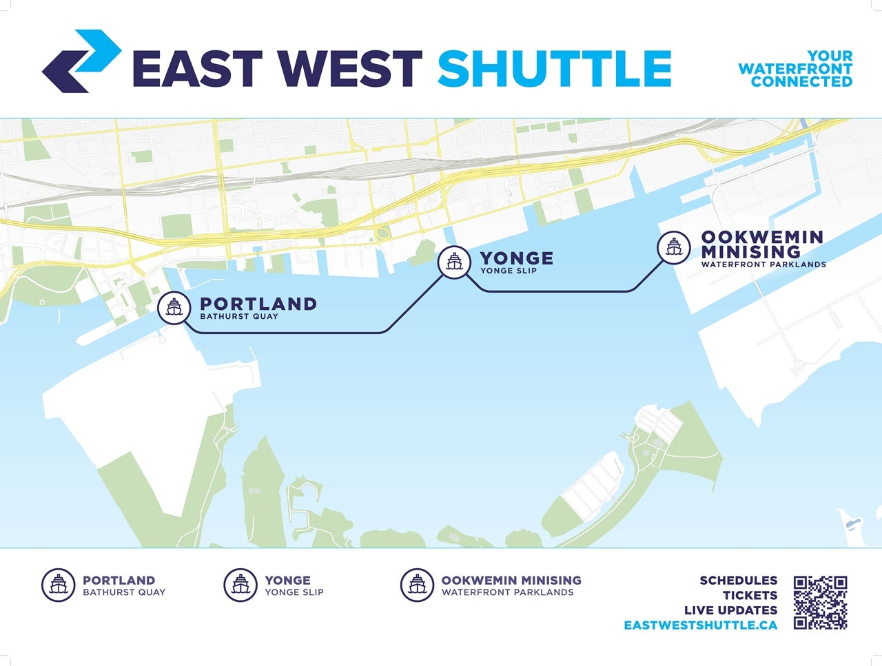 Map Showing the three East-West Water Shuttle stops "Your Waterfront Connected" including Portland (Portland Slip at Bathurst Quay), Yonge (Yonge Street Slip), and Ookwemin Minising (Waterfront Parklands, Biidaasige Park). Schedules, tickets, and live updates available at eastwestshuttle.ca