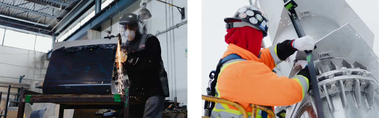 Two side-by-side photos showing fabricators working on Unfinished Arch art piece.