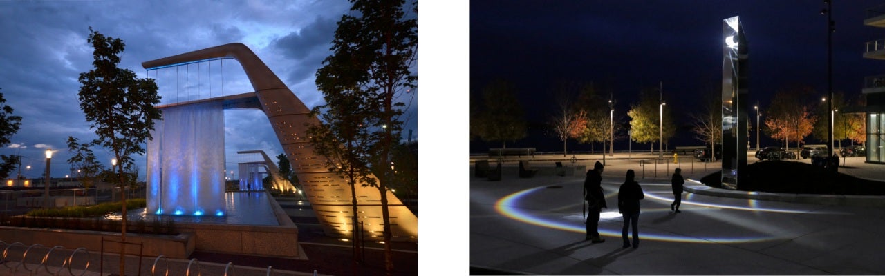 Side-by-side images of two public art light features at night time.