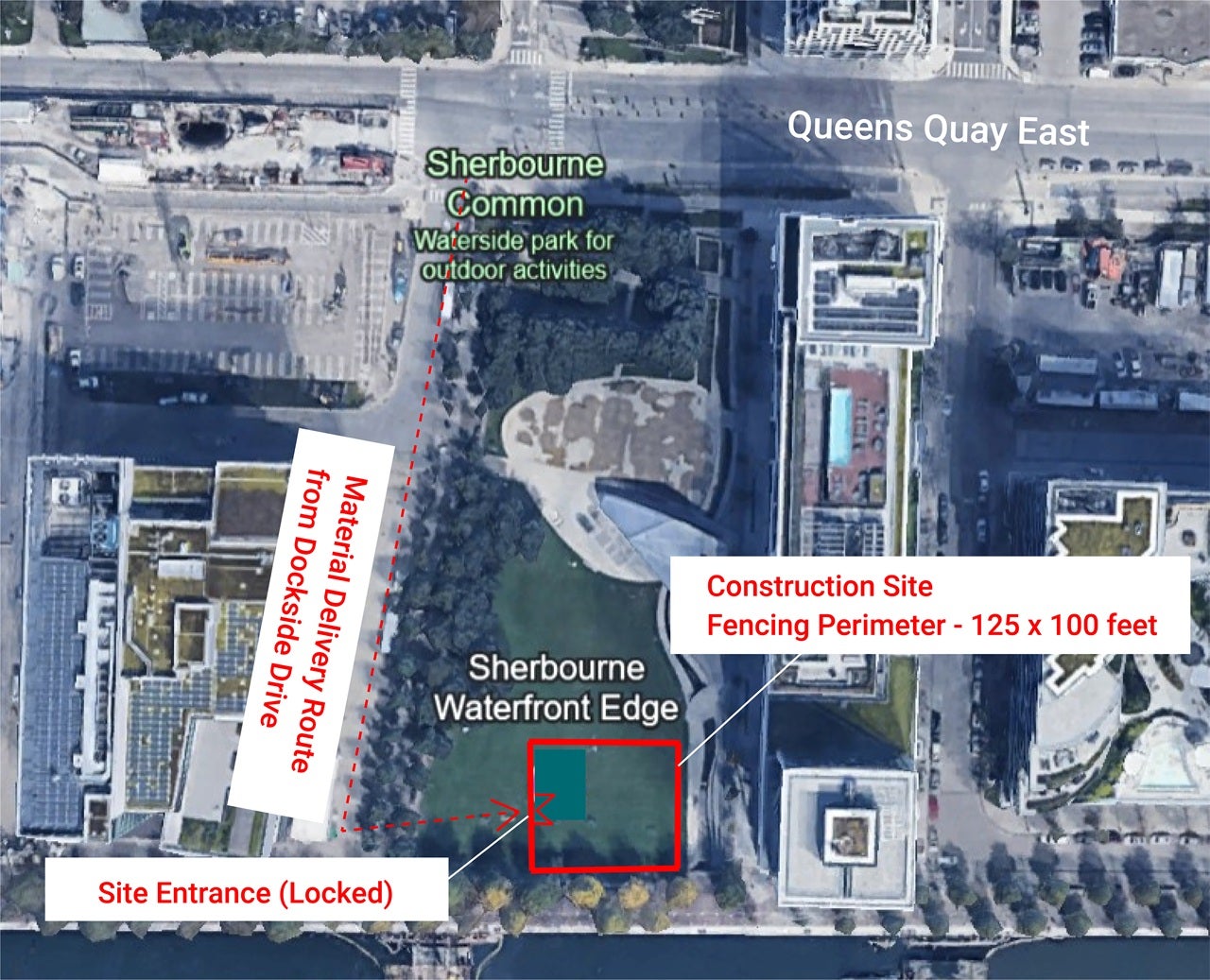 Aerial view showing the site location and entrance for Unfinished Arch at the Sherbourne Waterfront Edge, showing the fenced perimeter is 125x100 feet.