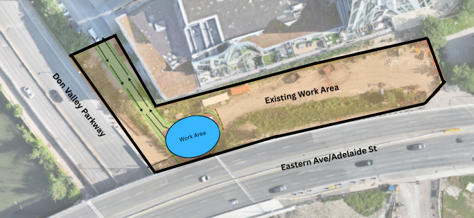Map showing existing work area along Eastern Ave/Adelaide St and Don Valley Parkway.