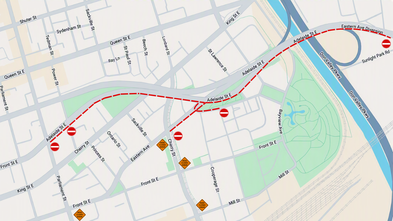 A map showing closures along Toronto's Adelaide St and Eastern Ave Diversion.