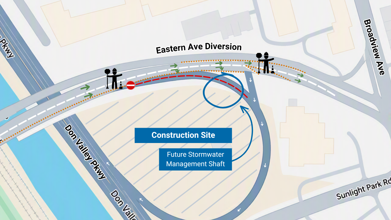 A map showing closures new configuration of Eastern Ave on-ramp.