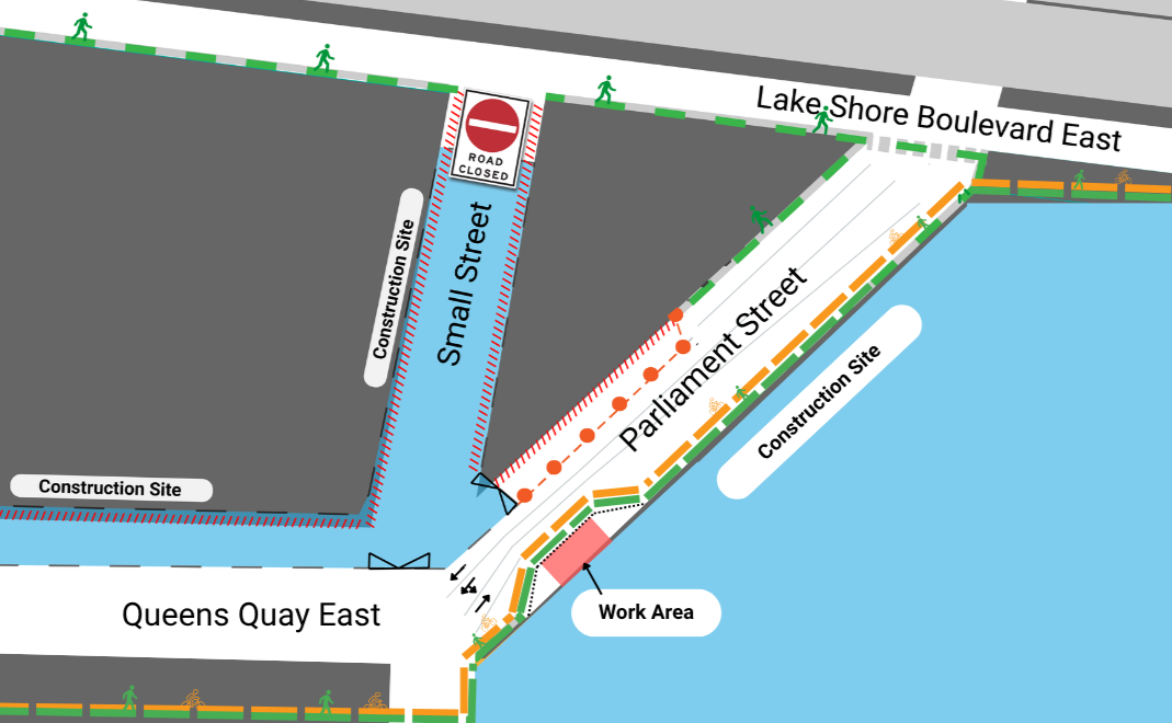 map showing the intersection of Queens Quay East at Parliament Street, Small Street and Mechant's Wharf.