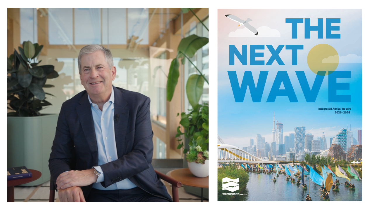 Composite image showing Waterfront Toronto Board Chair, Kevin Sullivan, and the cover of the Integrated Annual Report. 