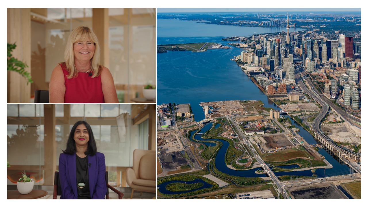 Composite image showing Meg Davis, Renee Gomes, and an aerial view of the Toronto Waterfront. 