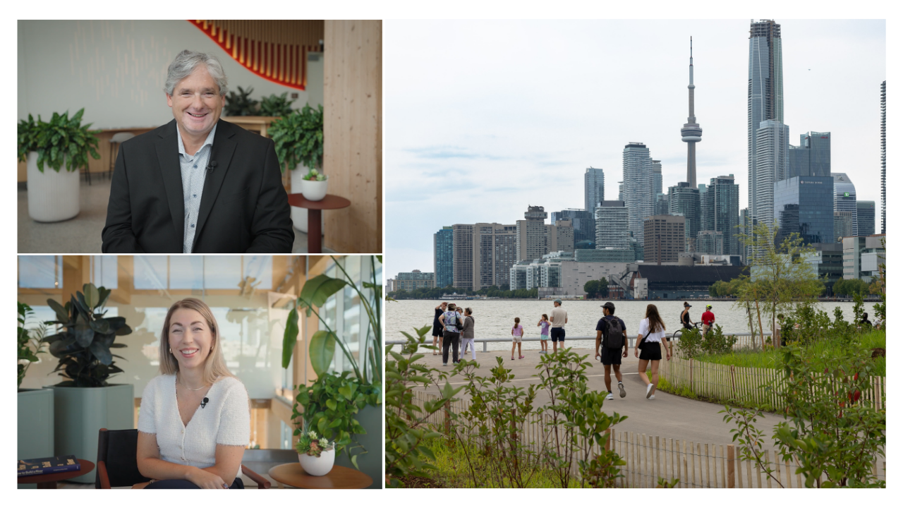 Composite image with Chris Glaisek, Yvonne Monestier, and people walking in a park. 