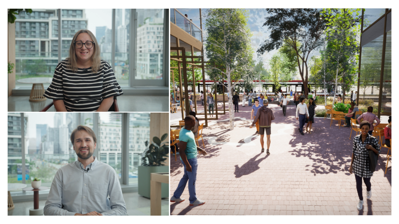 Composite image showing Pina Mallozzi, Patrick Meredith-Karam and a rendering of people on an urban plaza. 