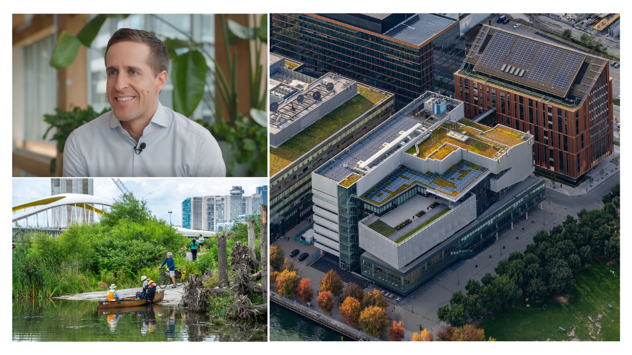 Composite Image showing Aaron Barter, people launching a canoe, and an aerial photo of a building with a green roof. 