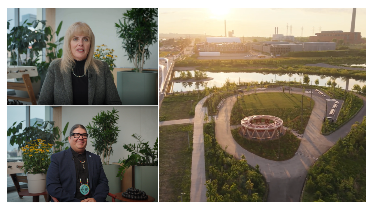 Composite Image with Kristina Verner, Fred Martin, and photo of a drum-shaped pavilion in a park. 