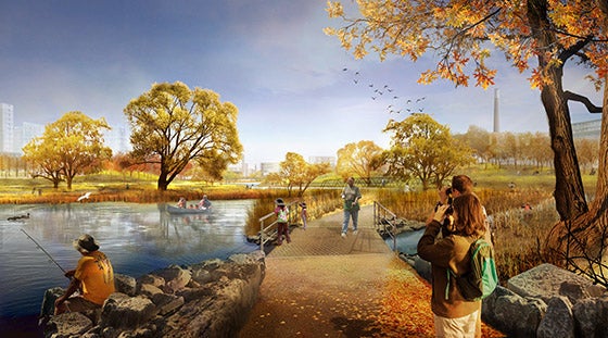 a rendering of people along a river path in the fall