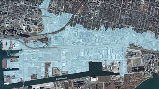 aerial map showing a flooded area in blue