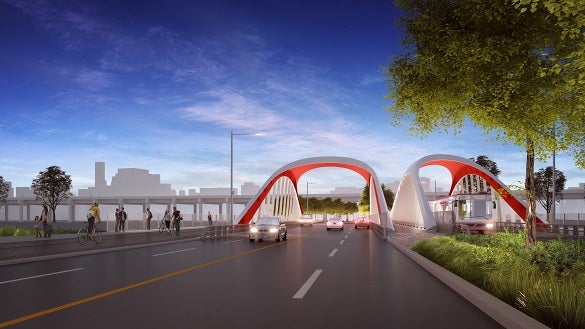 rendering showing the road next to a red and white bridge entrance