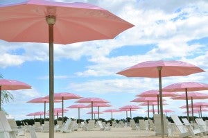 pink umbrellas at a beach