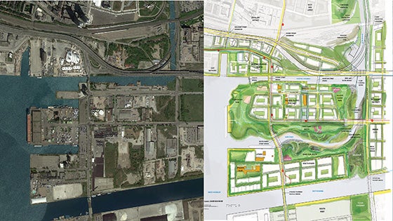 This aerial highlights the Port Lands conditions before and after the project is completed.
