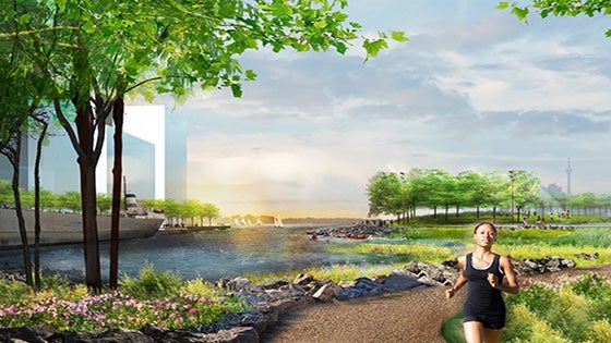 An artist rendering illustrates the Port Lands in its full vision, looking west across naturalized river valley.