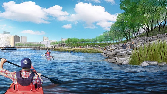 An artist rendering illustrates the naturalized river mouth looking northwest.