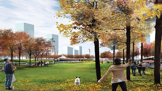 This artist rendering illustrates the view of future parkland in the Port Lands, with a view west towards Cherry Street.