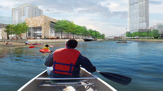 An artist rendering looking west across the Keating Channel.