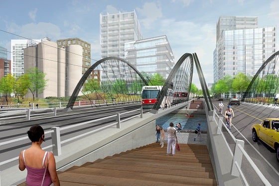 An artist rendering illustrates a southeast view of the Cherry Street bridge over The Keating Channel.