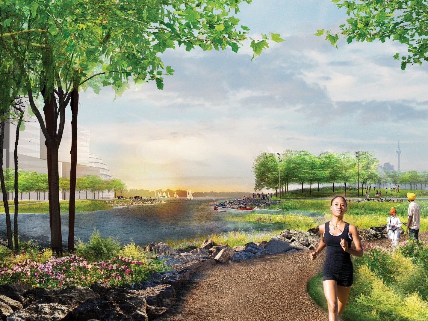 An artist rendering looking west across the naturalized river valley.