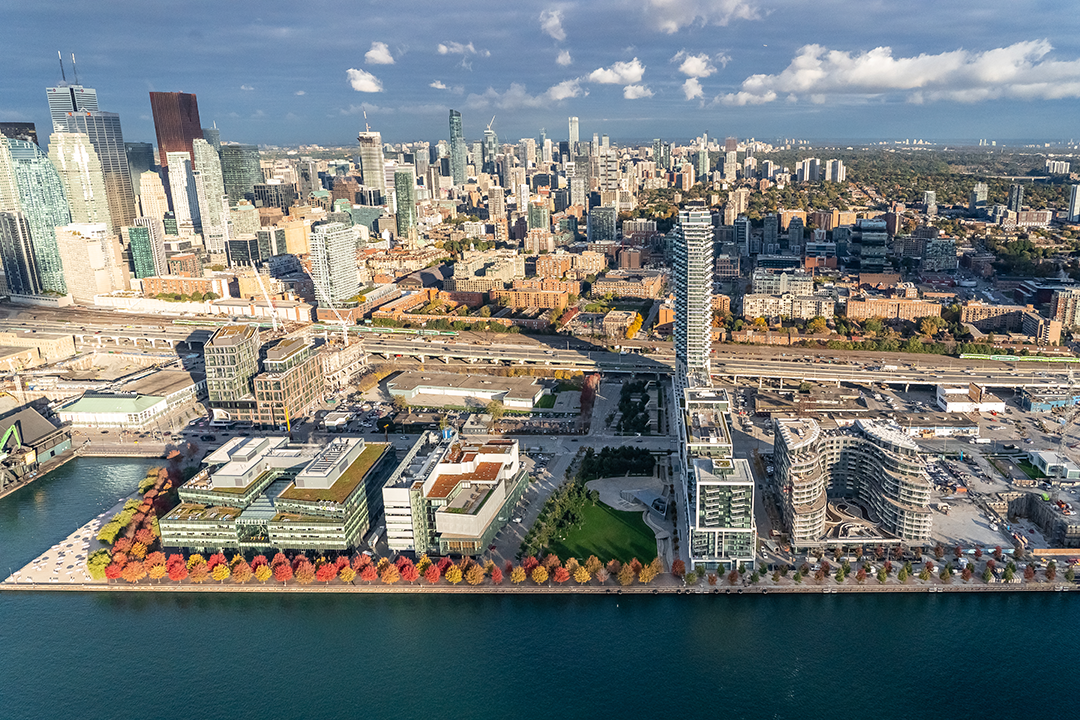 aerial view showing East Bayfront after revitalization