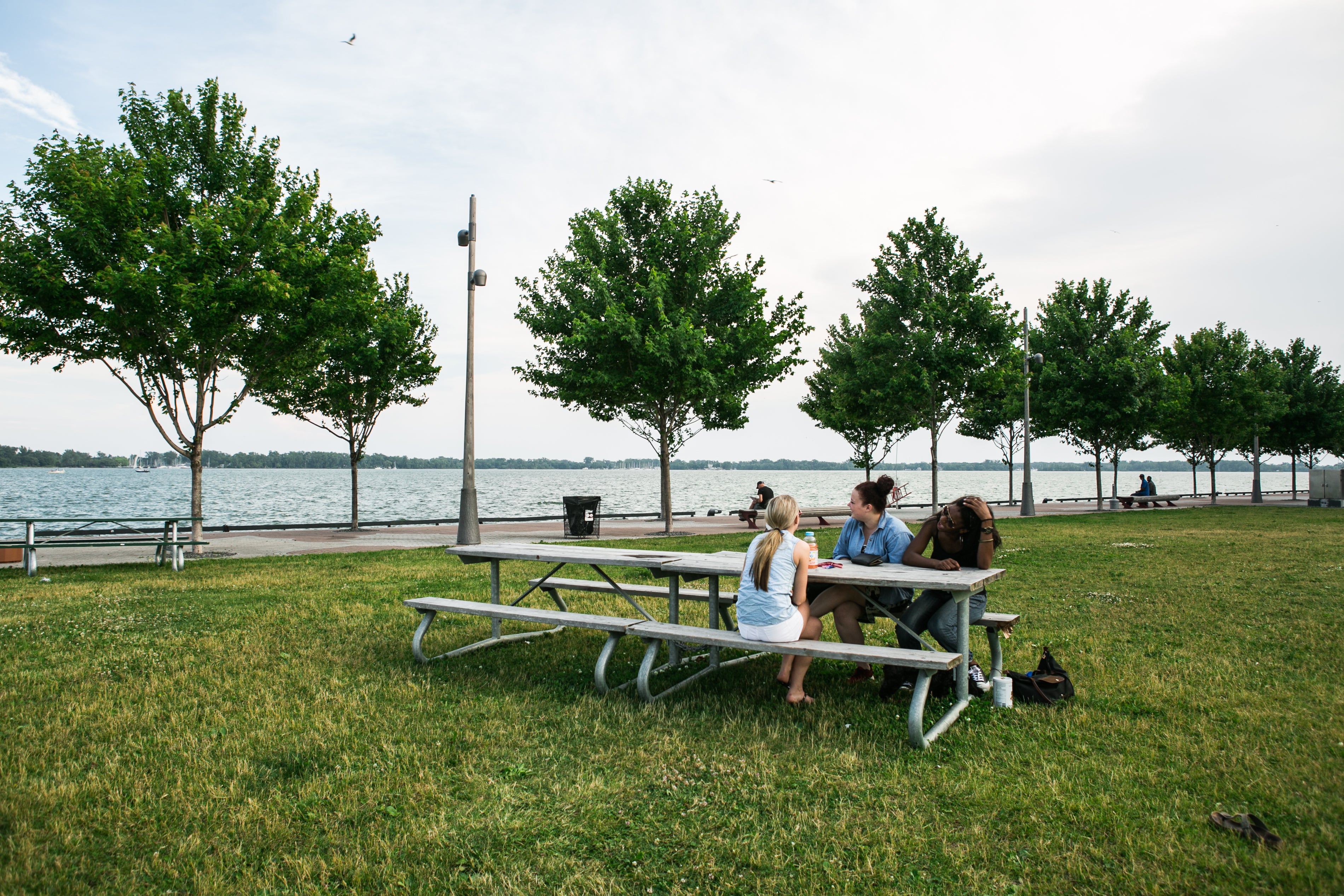 Students sitting at a picnic bench along the water's edge at Sherbourne Common.