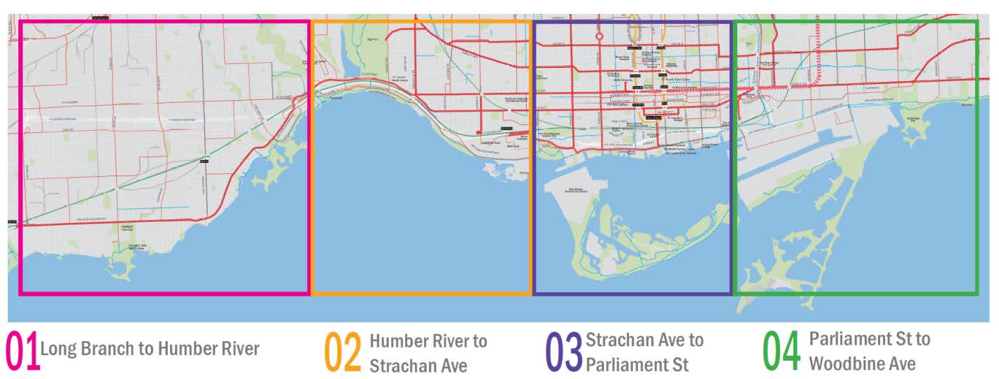 This graphic illustrates the study boundary from the Long Branch GO Station and the Mississauga border in the west to Woodbine Avenue in the east, and south of the Queensway/Queen Street corridor to Lake Ontario.