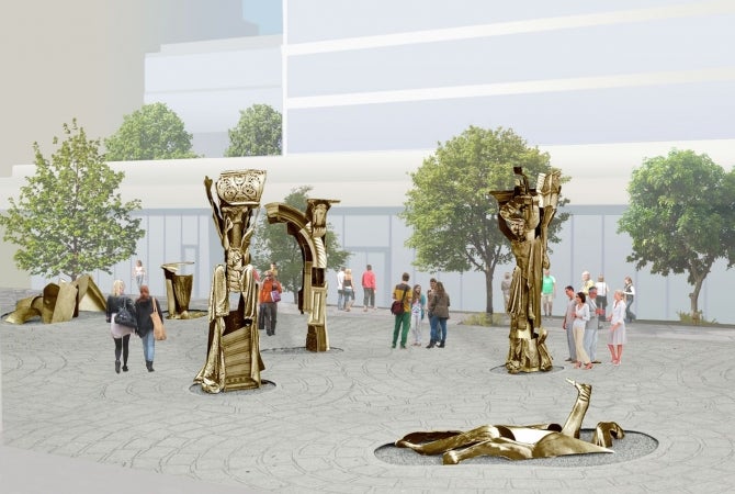 artist renderings of an outdoor public art installation of sculptures