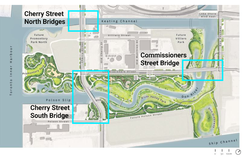 Location of bridges in the Port Lands