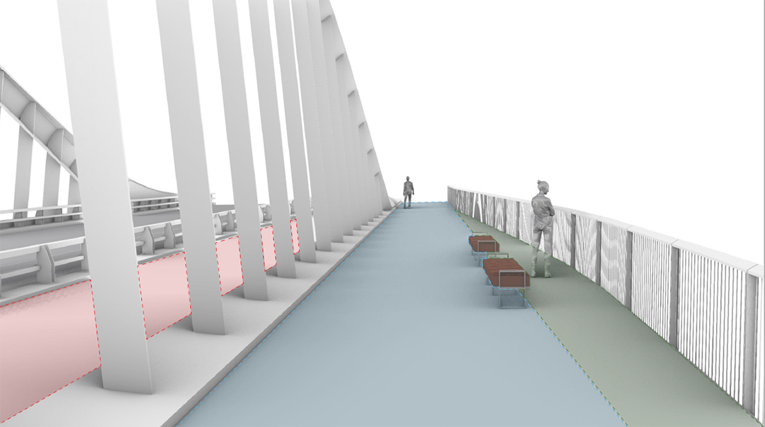 Pedestrian perspective on the future bridge.