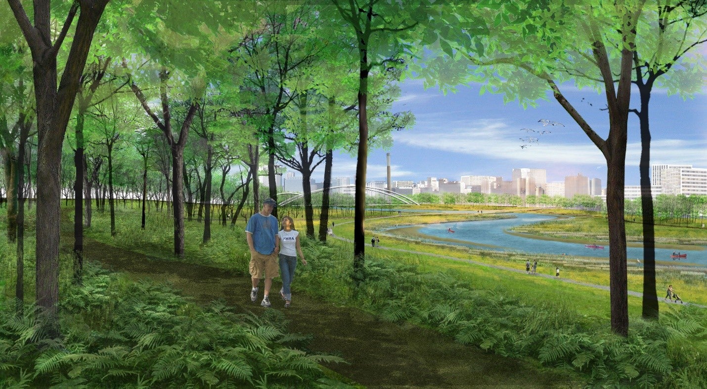 A rendering of people walking along a wooded trail
