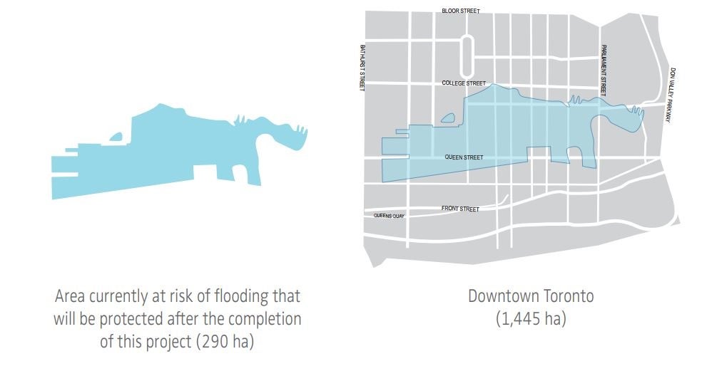 Map illustrating the size of the Port Lands compared to downtown Toronto.