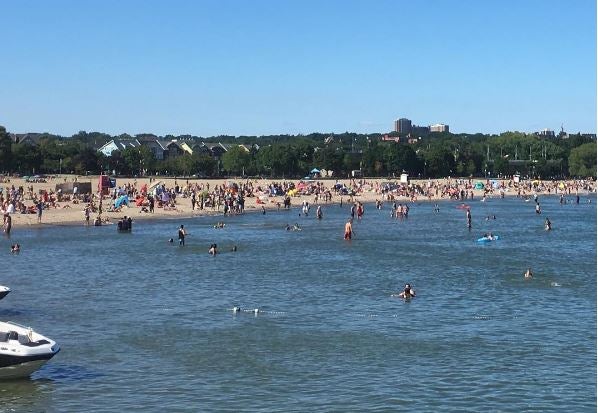 A view of the lively shoreline at Woodbine Beach.