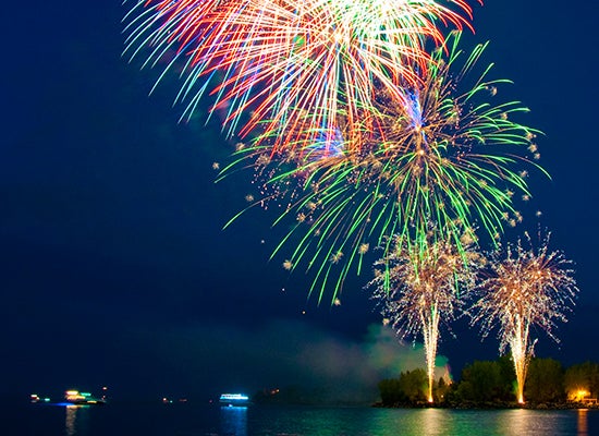 A dazzling fireworks display illuminates the skies over the Ashbridges Bay Park waterfront.