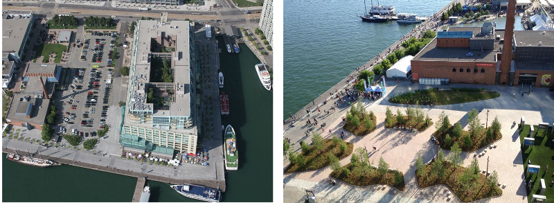 two images side-by-side showing aerial views of the site