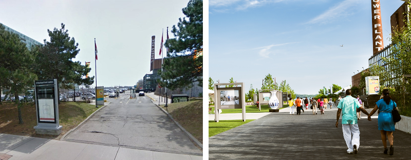 two side-by-side photos showing before and after of Harbourfront Centre parking lot