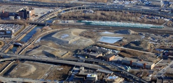 An aerial view of the mounds of soil that blanketed the West Don Lands in order to squeeze out groundwater.