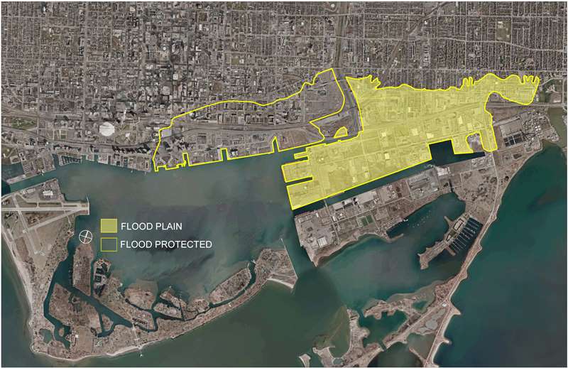 A map showing the current flood protection infrastructure of the West Don Lands, which now protects 210 hectares of eastern downtown Toronto, including the West Don Lands, parts of the Financial District and the South Core.