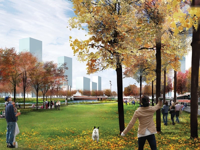A rendering of River Park North looking west towards Cherry Street.