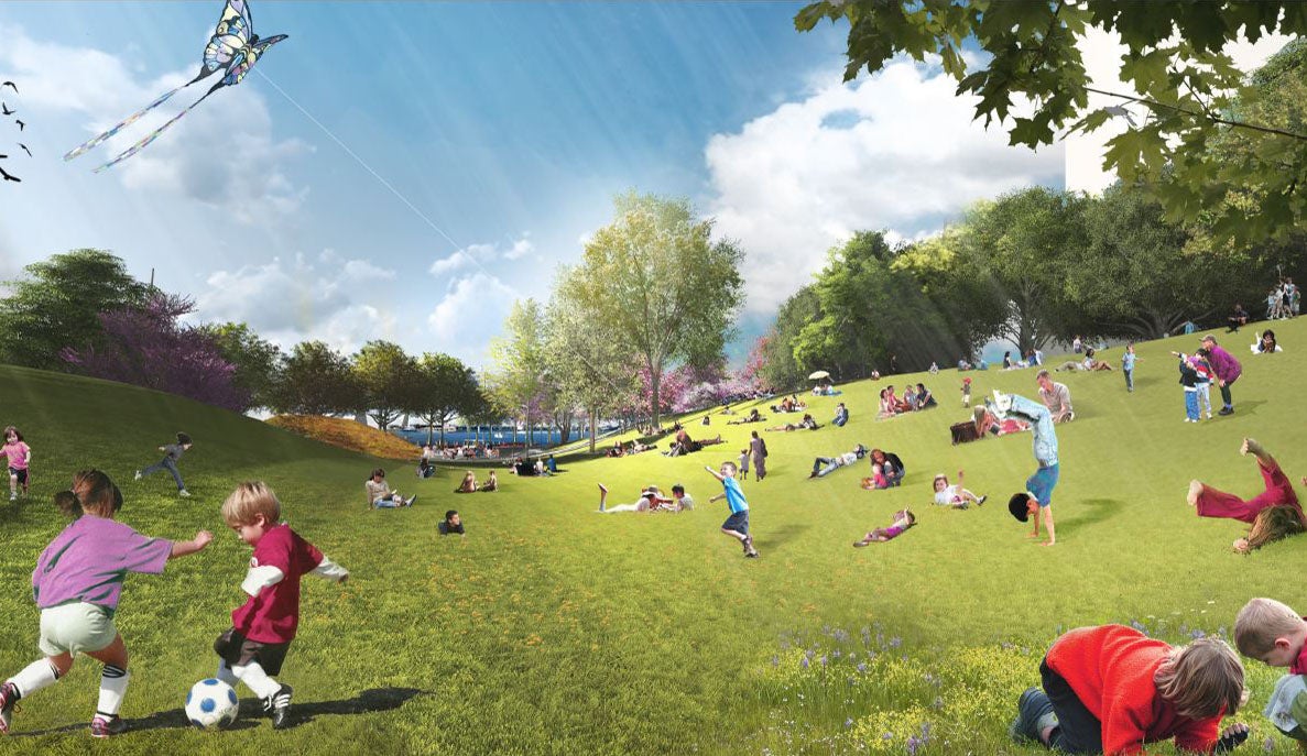 Artist rendering showing a large grassy area for people to sit and play