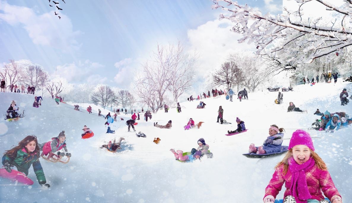 Artist rendering of winter landscape with children enjoying the snowy open space