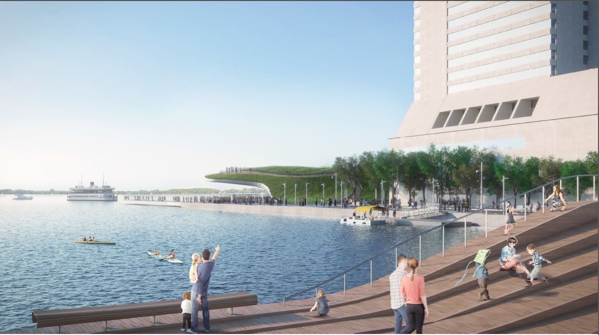 Rendering of people standing at the Foot of Yonge Street next to the lake.