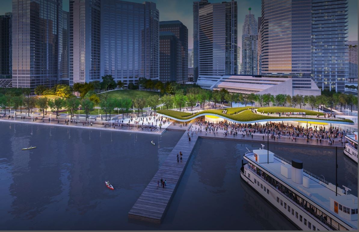Aerial of Jack Layton Ferry Terminal and Harbour Square Park (rendering).