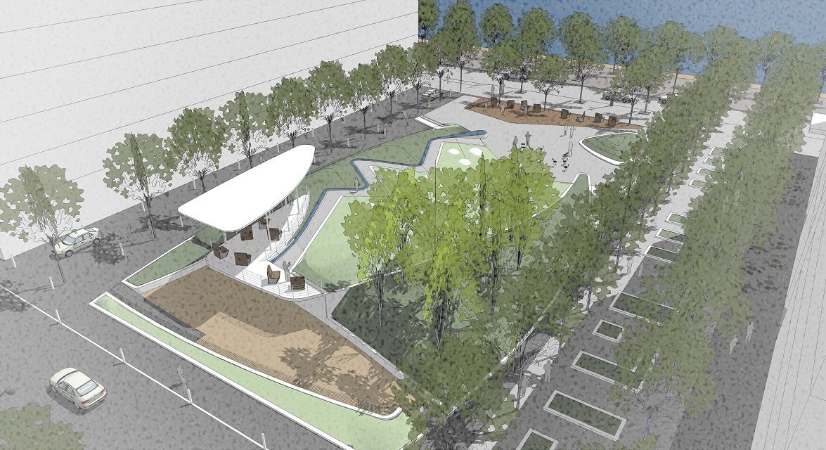 A rendering of the current concept plan and overhead looking view of the park from the northwest corner.