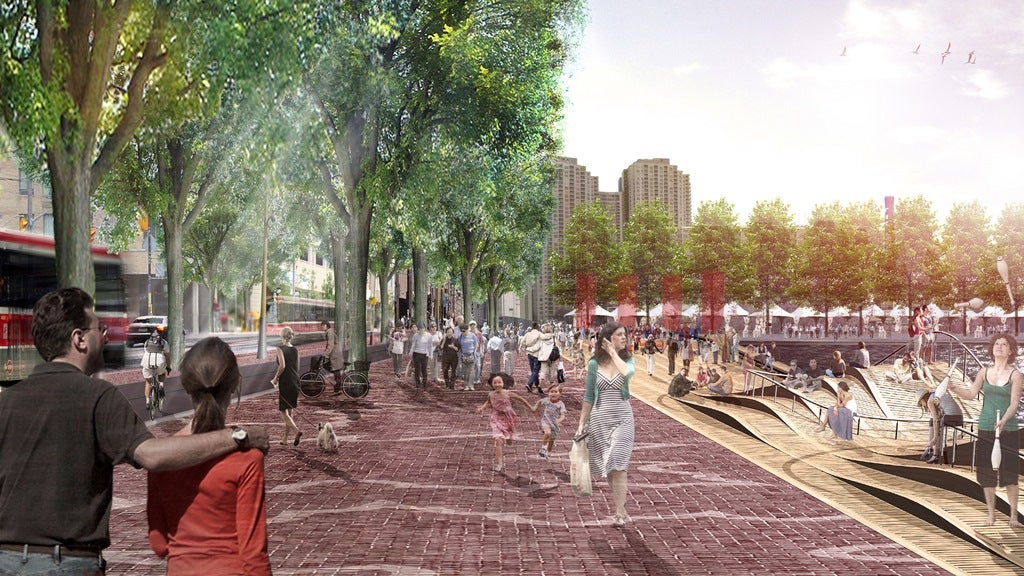 A rendering showing the new public space created at the foot of Simcoe Street.