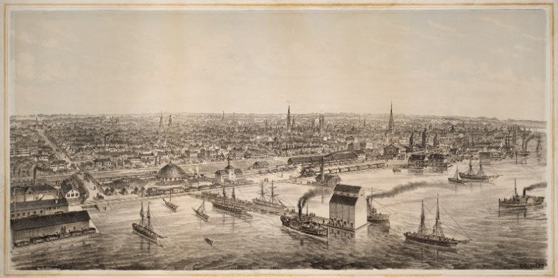 Lithograph of a drawing of Toronto's Harbour by C. Gascard from the 1870s